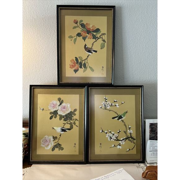 Set Of 3 Spectacular Asian Framed Birds &Flowers Art /signed & Stamped Vintage